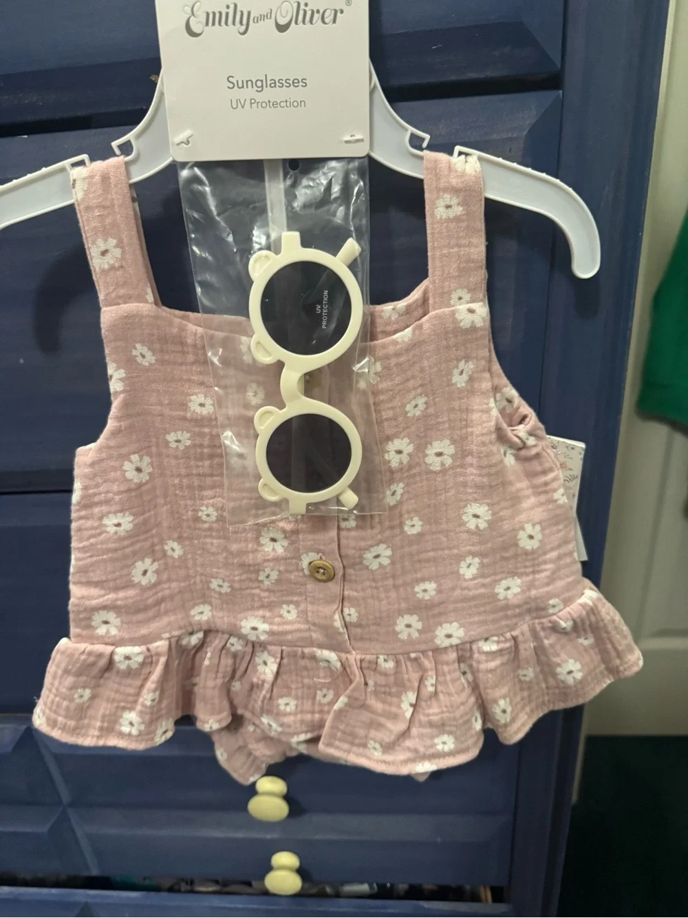 Kids' Pink Floral Ruffle Romper with Cream Sunglasses 18 months